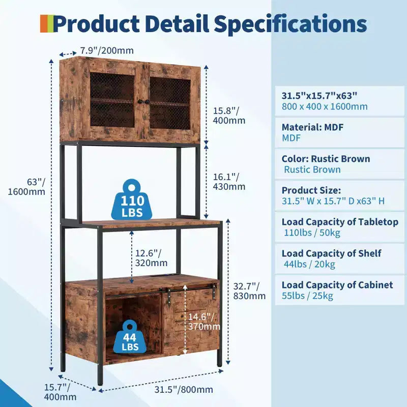 Scaffale da Cucina a 5 Livelli con Credenza e Stazione di Ricarica, Porta Microonde Industriale da 160 cm, Scaffale Multifunzione Indipendente