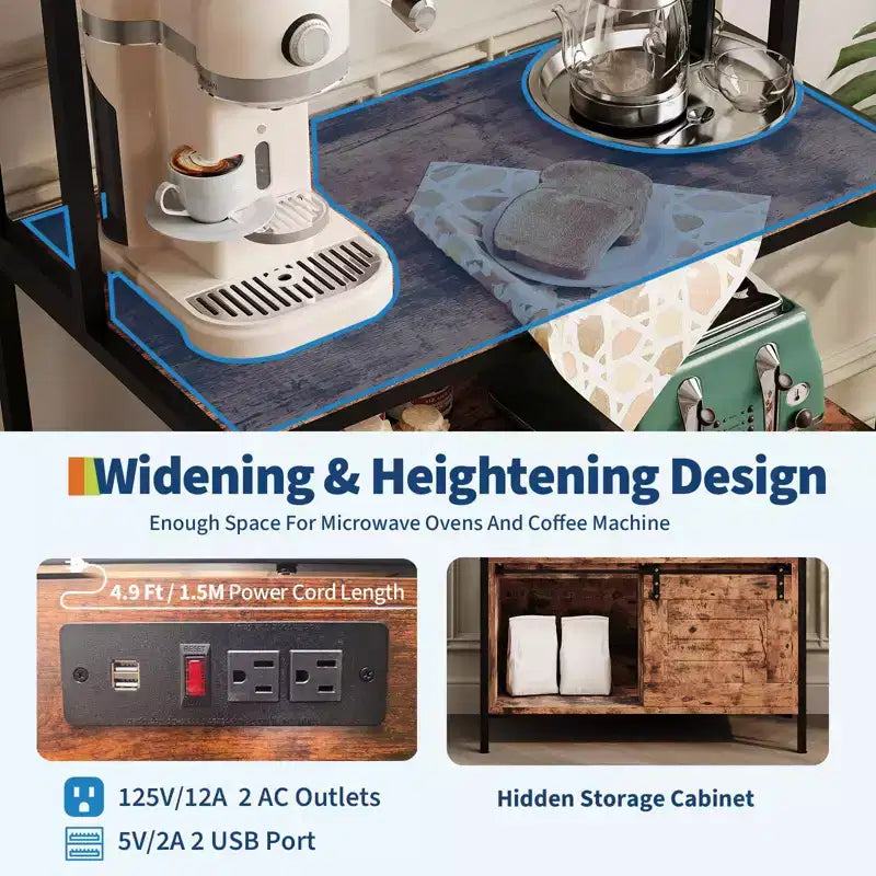 Scaffale da Cucina a 5 Livelli con Credenza e Stazione di Ricarica, Porta Microonde Industriale da 160 cm, Scaffale Multifunzione Indipendente