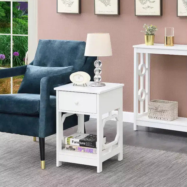 HomeStock Belmont 1 Drawer End Table with Octagon Side Design, Pull Out Drawer and Two Shelves, Modern Accent Side Table for Living Room