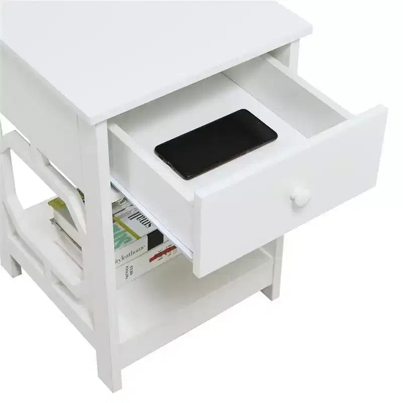 Tavolino finale a 1 cassetto con design laterale ottagonale, cassetto estraibile e due ripiani, tavolino d'accento moderno per soggiorno