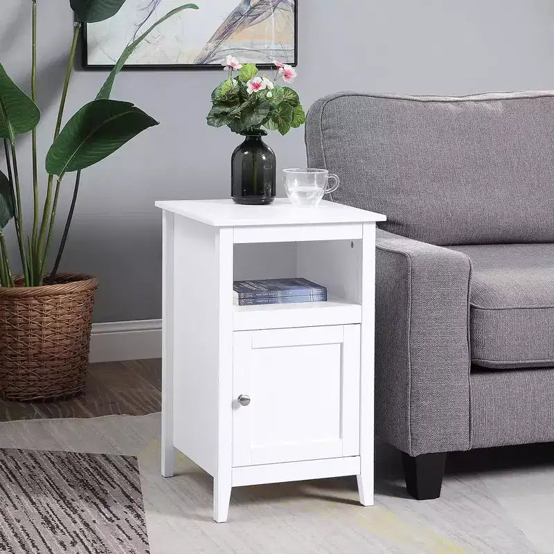 Tavolino Contenitore con Ripiano e Anta Shaker, Tavolino d'Appoggio Compatto con Mobiletto Nascosto e Spazio Contenitore Aperto