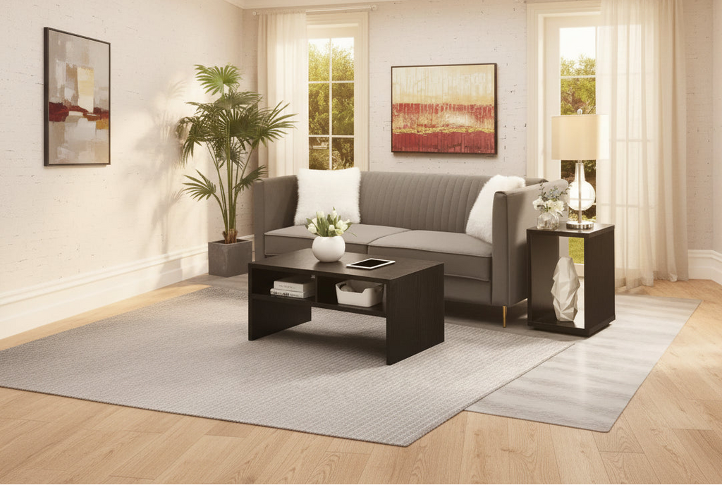 Tavolino con ripiano — Ampio piano, ripiano inferiore, elegante finitura venatura legno nera