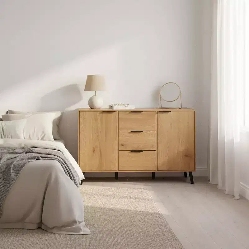 Credenza/mobile buffet moderno da 47,2" con vani portaoggetti e 3 cassetti, in rovere.