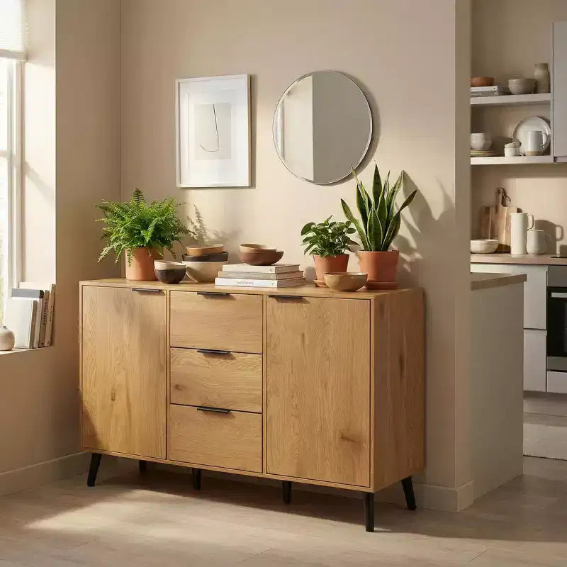 Credenza/mobile buffet moderno da 47,2" con vani portaoggetti e 3 cassetti, in rovere.