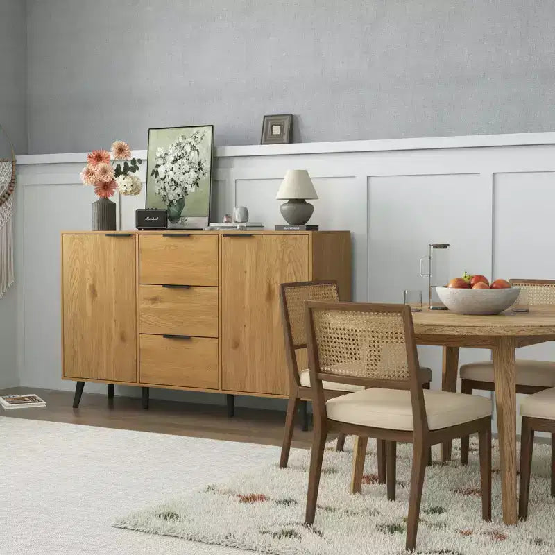 Credenza/mobile buffet moderno da 47,2" con vani portaoggetti e 3 cassetti, in rovere.