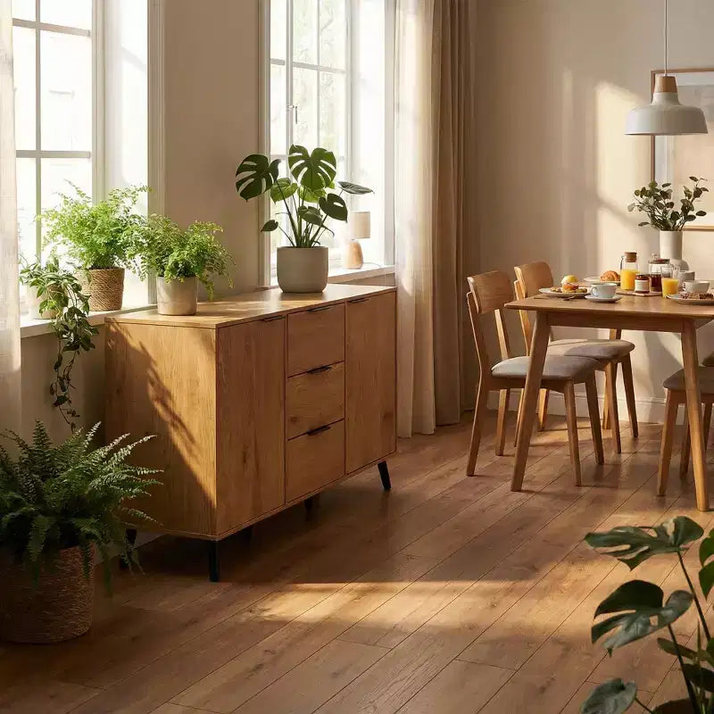 Credenza/mobile buffet moderno da 47,2" con vani portaoggetti e 3 cassetti, in rovere.