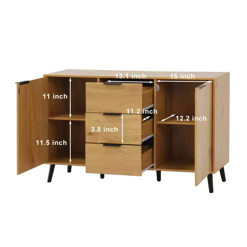 Credenza/mobile buffet moderno da 47,2" con vani portaoggetti e 3 cassetti, in rovere.