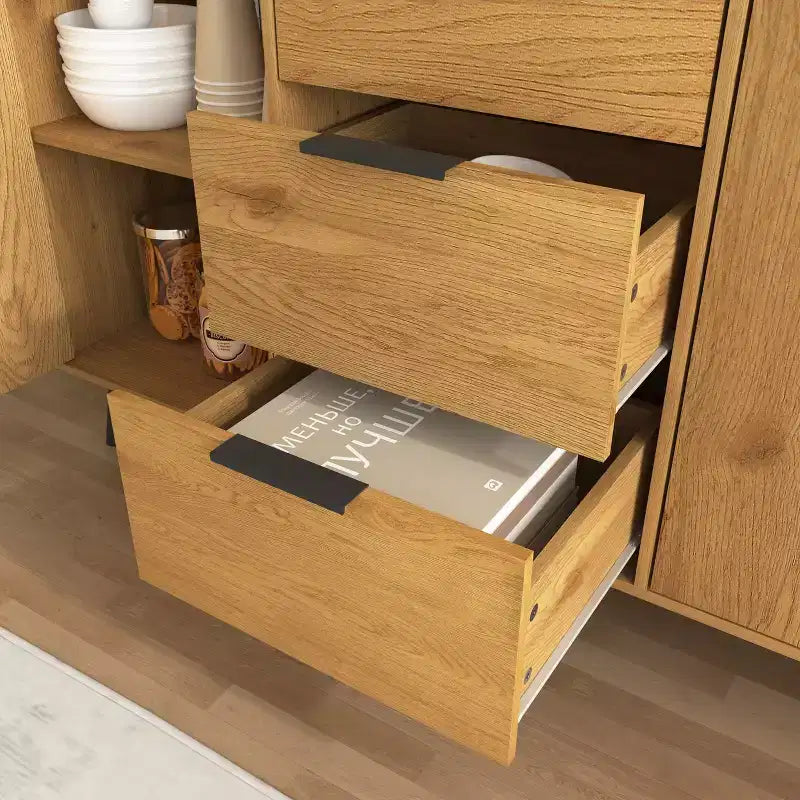 Credenza/mobile buffet moderno da 47,2" con vani portaoggetti e 3 cassetti, in rovere.