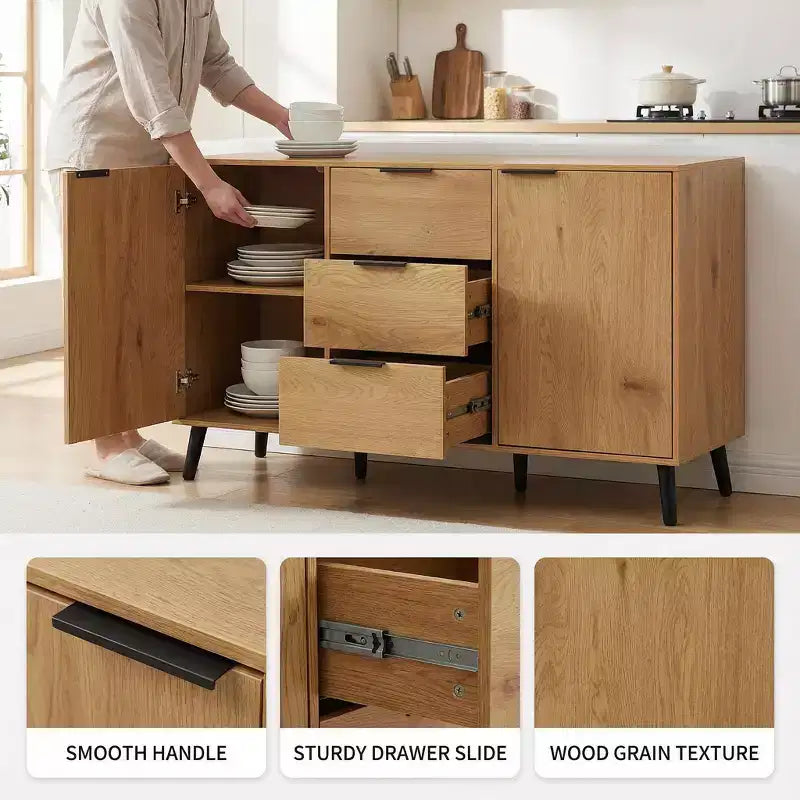 Credenza/mobile buffet moderno da 47,2" con vani portaoggetti e 3 cassetti, in rovere.
