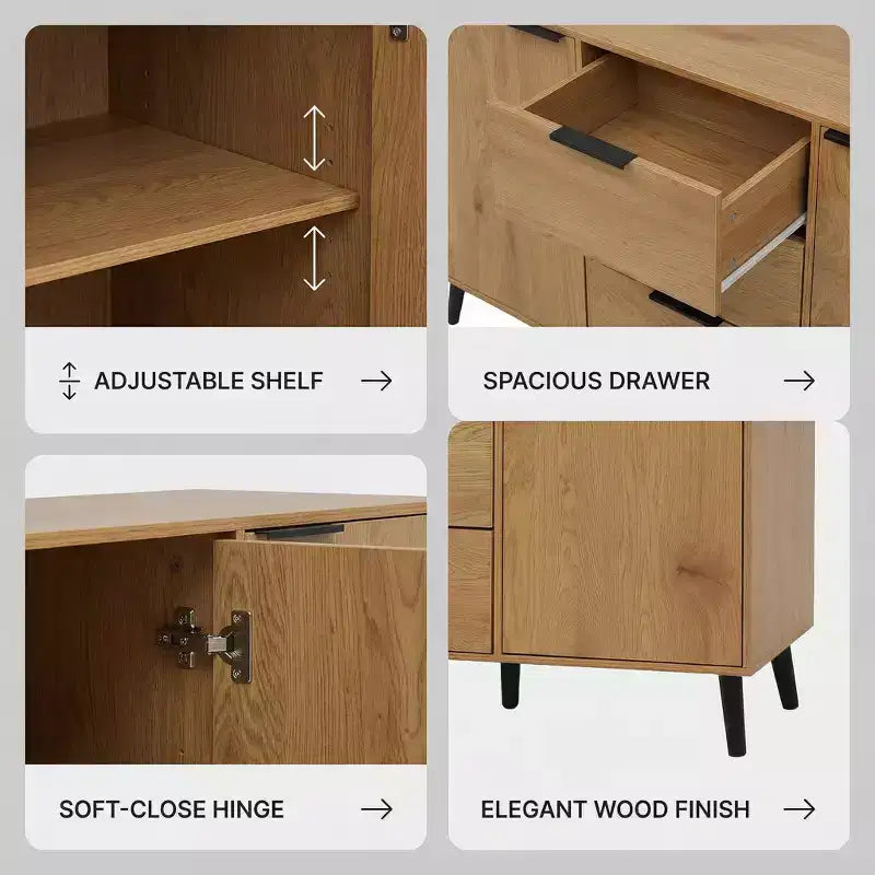 Credenza/mobile buffet moderno da 47,2" con vani portaoggetti e 3 cassetti, in rovere.