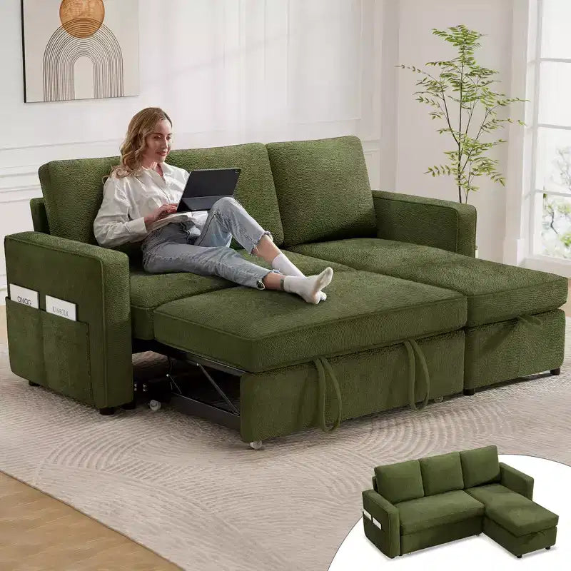 Divano Letto Trasformabile 2 in 1 con Chaise Longue Reversibile con Contenitore