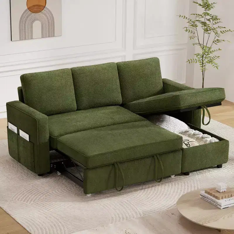 Divano Letto Trasformabile 2 in 1 con Chaise Longue Reversibile con Contenitore