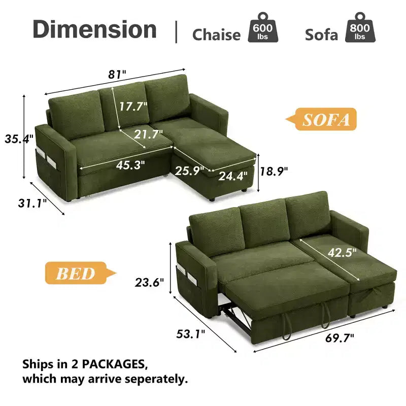 Divano Letto Trasformabile 2 in 1 con Chaise Longue Reversibile con Contenitore