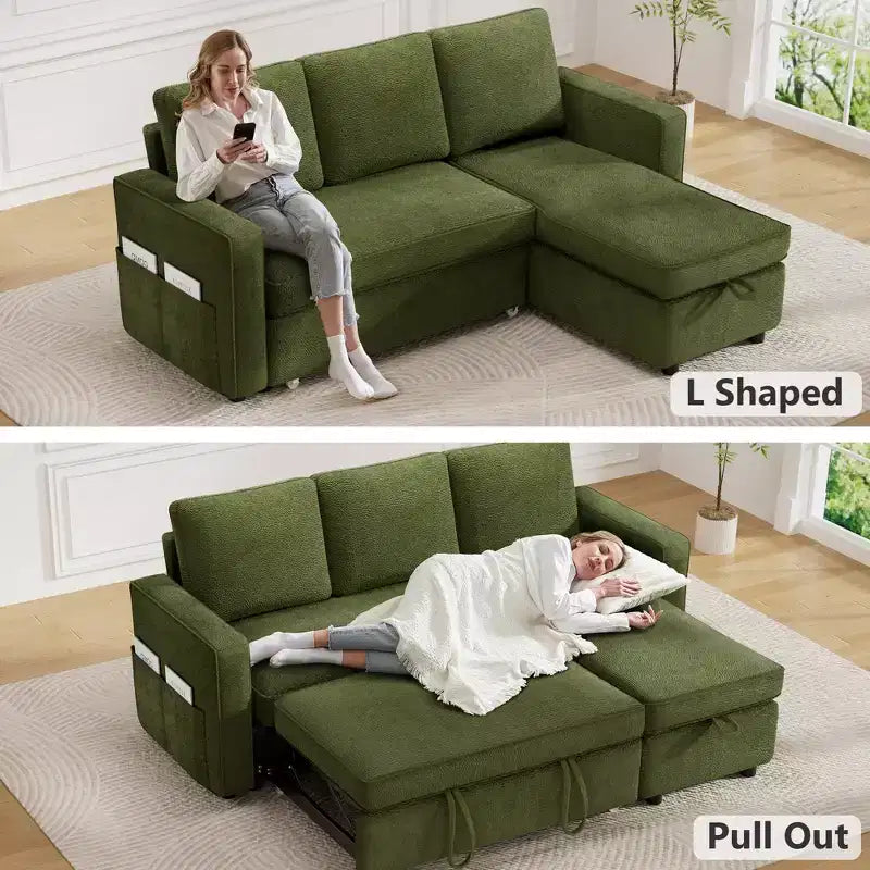 Divano Letto Trasformabile 2 in 1 con Chaise Longue Reversibile con Contenitore