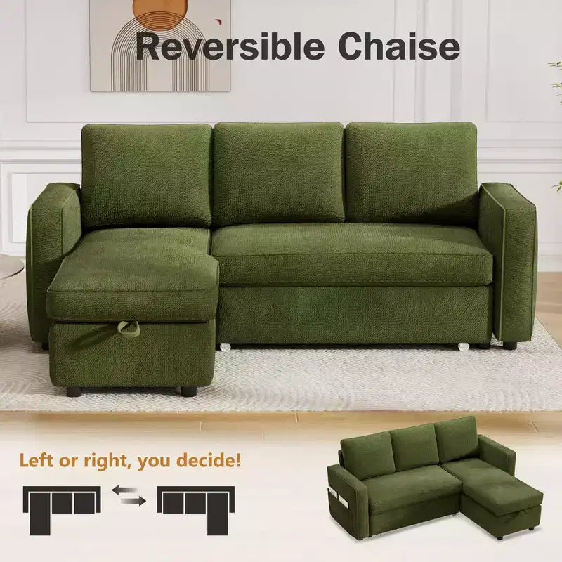 Divano Letto Trasformabile 2 in 1 con Chaise Longue Reversibile con Contenitore