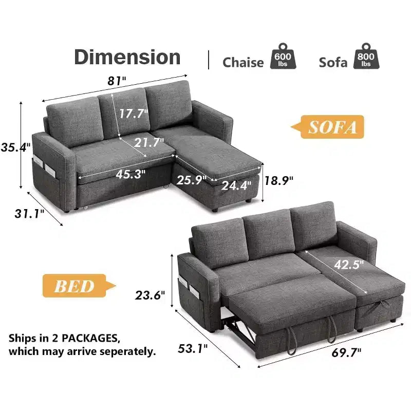 Divano Letto Trasformabile 2 in 1 con Chaise Longue Reversibile con Contenitore