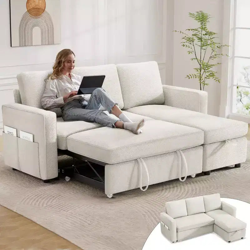 Divano Letto Trasformabile 2 in 1 con Chaise Longue Reversibile con Contenitore