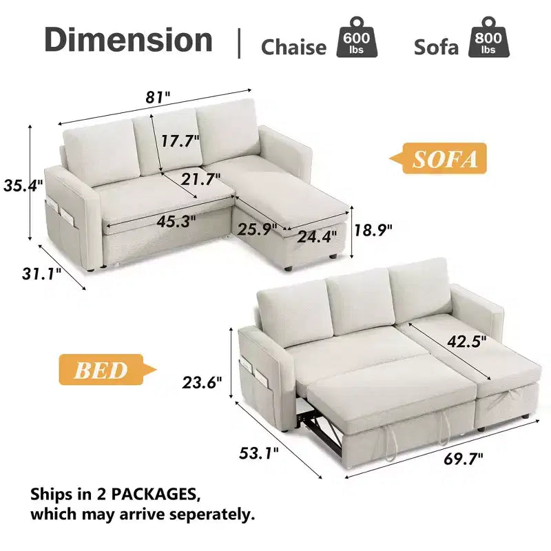 Divano Letto Trasformabile 2 in 1 con Chaise Longue Reversibile con Contenitore