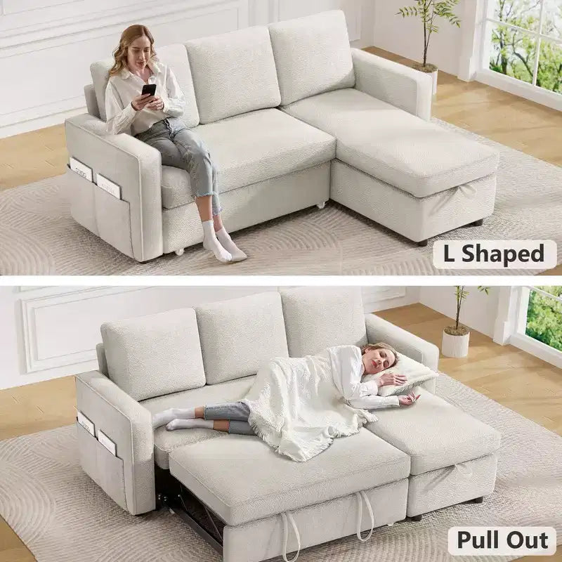 Divano Letto Trasformabile 2 in 1 con Chaise Longue Reversibile con Contenitore