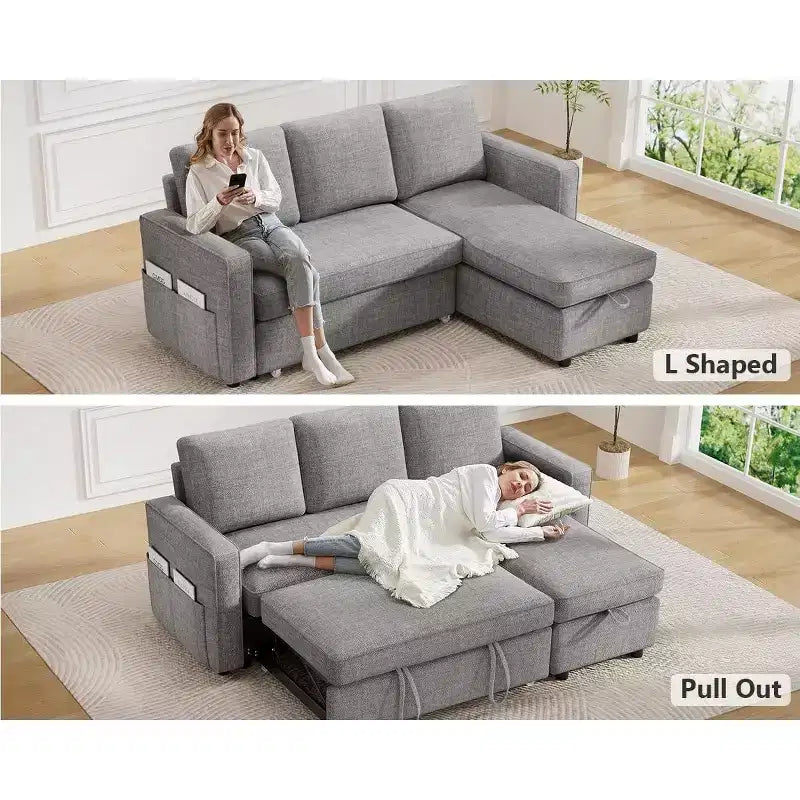Divano Letto Trasformabile 2 in 1 con Chaise Longue Reversibile con Contenitore