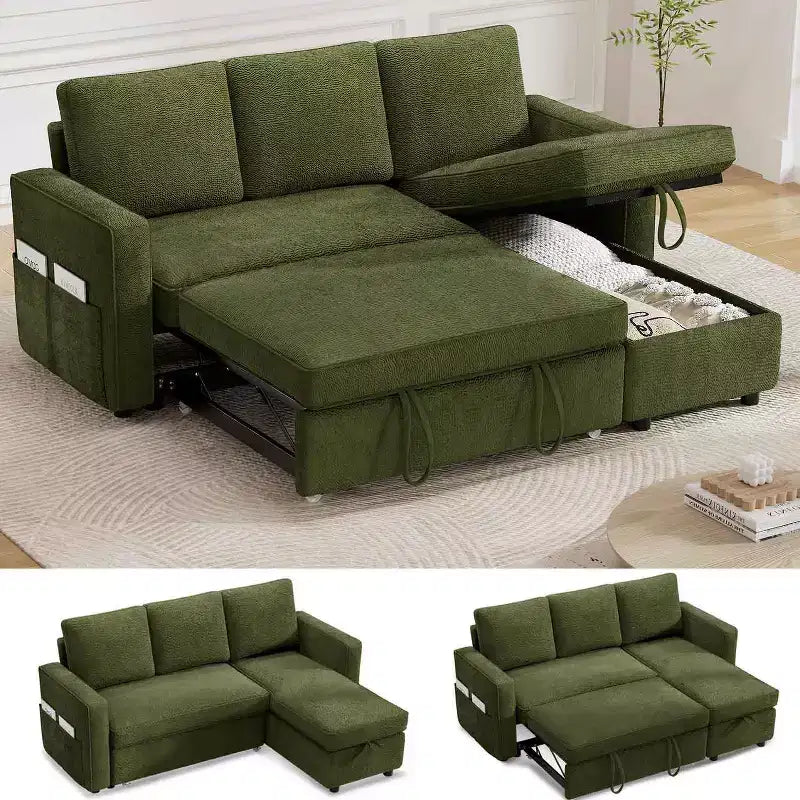 Divano Letto Trasformabile 2 in 1 con Chaise Longue Reversibile con Contenitore