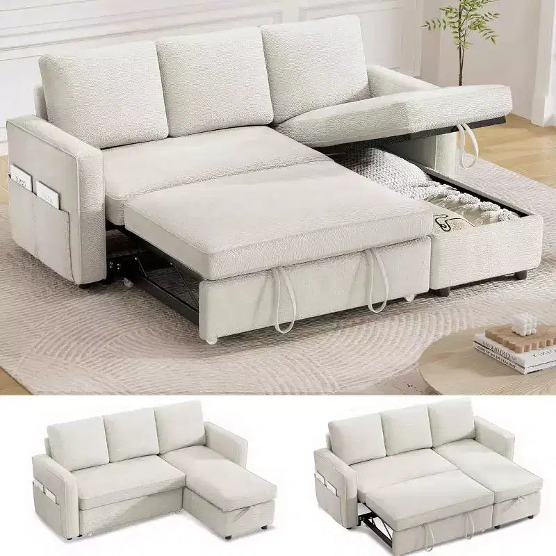 Divano Letto Trasformabile 2 in 1 con Chaise Longue Reversibile con Contenitore
