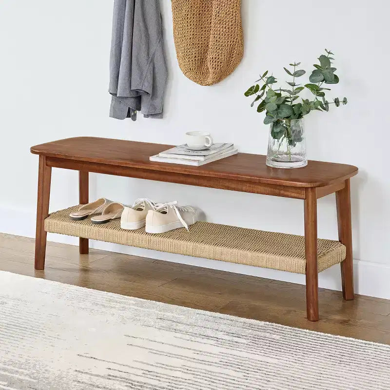 Panca contenitore in legno di acacia da 122 cm, color castagno