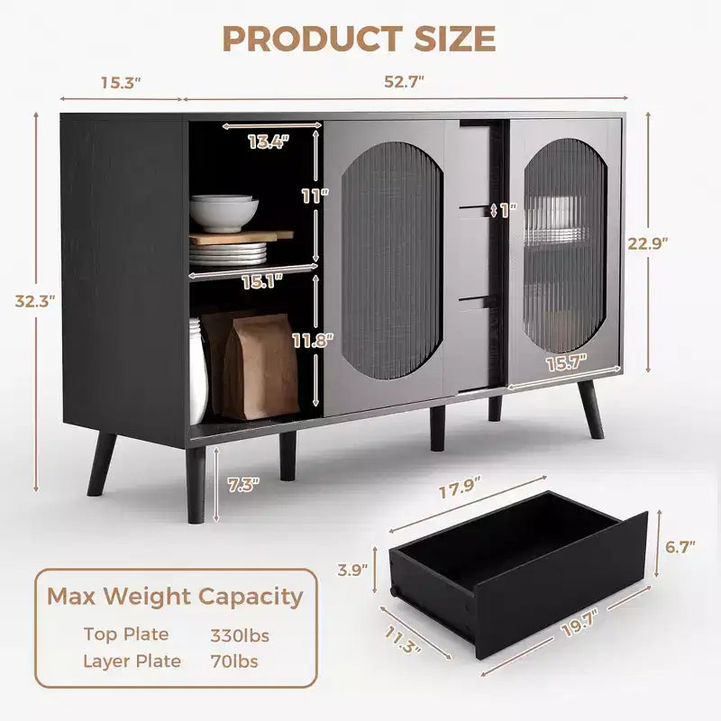 Credenza da 52,7'' con contenitore, mobile credenza con ante scorrevoli in vetro scanalato e cassetti, credenza nera per la cucina