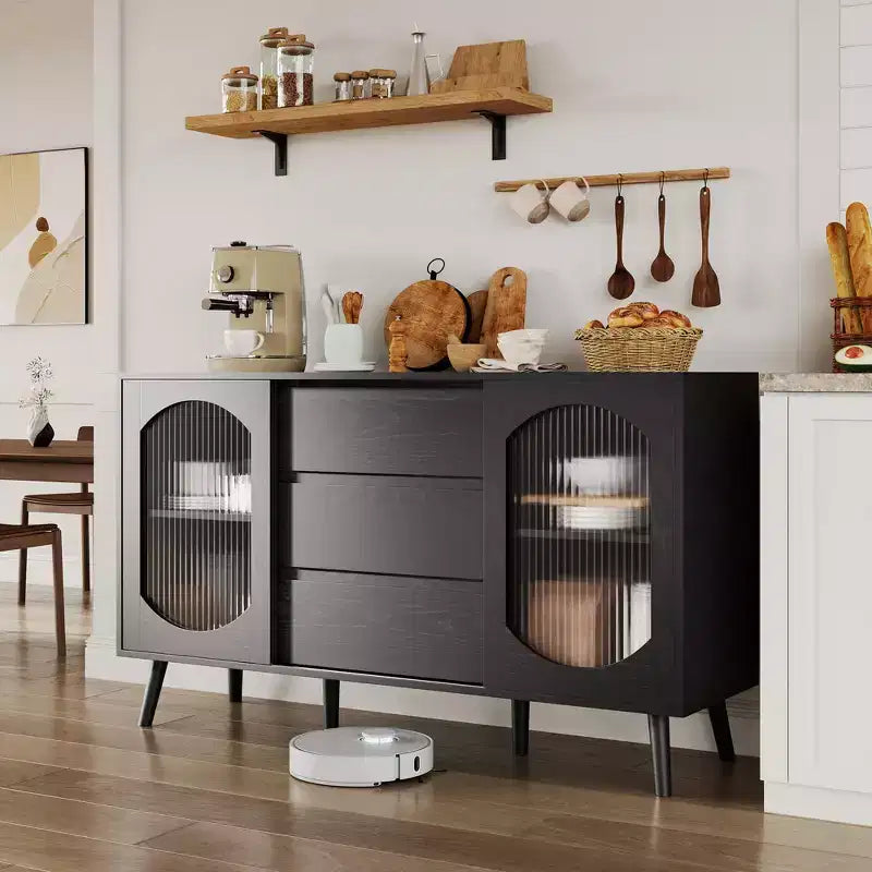 Credenza da 52,7'' con contenitore, mobile credenza con ante scorrevoli in vetro scanalato e cassetti, credenza nera per la cucina