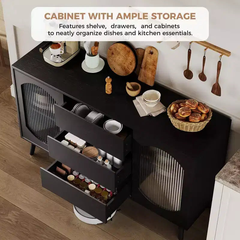 Credenza da 52,7'' con contenitore, mobile credenza con ante scorrevoli in vetro scanalato e cassetti, credenza nera per la cucina