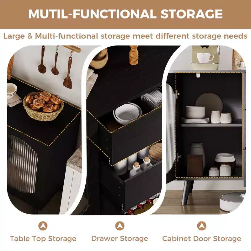 Credenza da 52,7'' con contenitore, mobile credenza con ante scorrevoli in vetro scanalato e cassetti, credenza nera per la cucina
