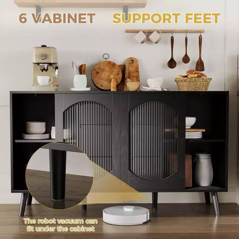 Credenza da 52,7'' con contenitore, mobile credenza con ante scorrevoli in vetro scanalato e cassetti, credenza nera per la cucina