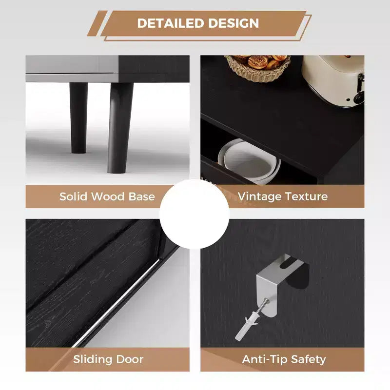 Credenza da 52,7'' con contenitore, mobile credenza con ante scorrevoli in vetro scanalato e cassetti, credenza nera per la cucina
