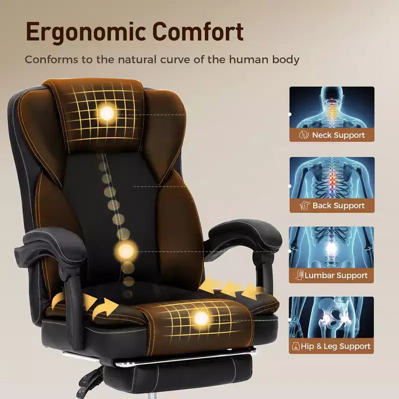 Sedia da ufficio direzionale ergonomica grande e alta girevole con poggiapiedi e funzione reclinabile, nera