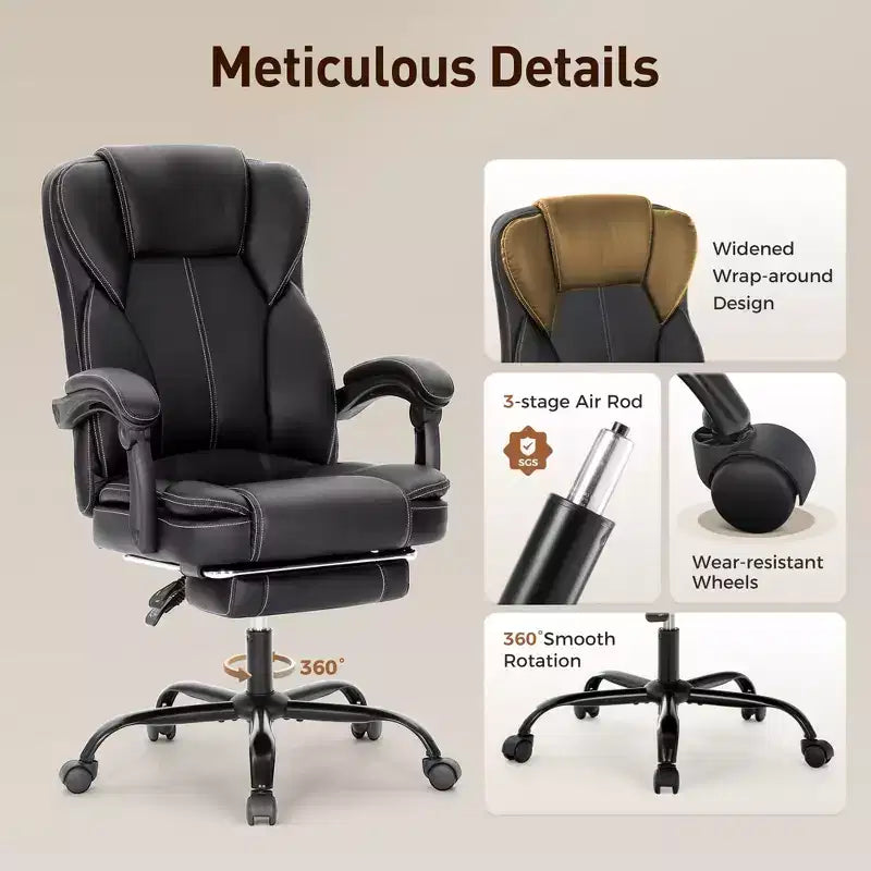 Sedia da ufficio direzionale ergonomica grande e alta girevole con poggiapiedi e funzione reclinabile, nera