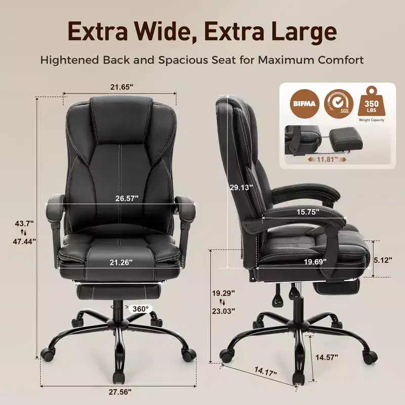 Sedia da ufficio direzionale ergonomica grande e alta girevole con poggiapiedi e funzione reclinabile, nera