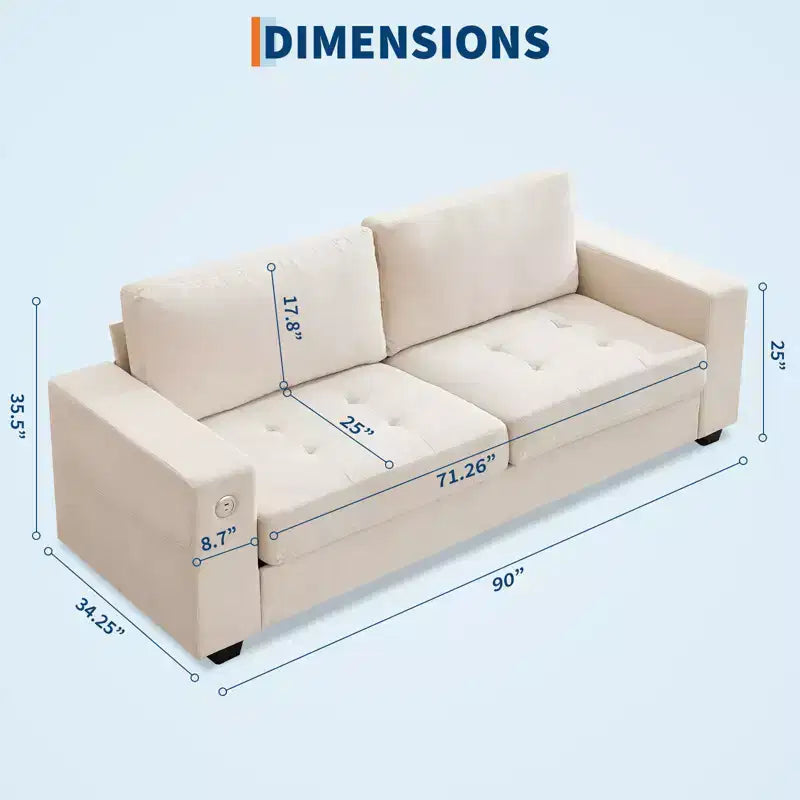 Divano moderno a 2 posti, rivestimento in ciniglia con seduta extra larga e profonda, porta di ricarica USB/Type-C e tasca laterale, cuscino di media rigidità