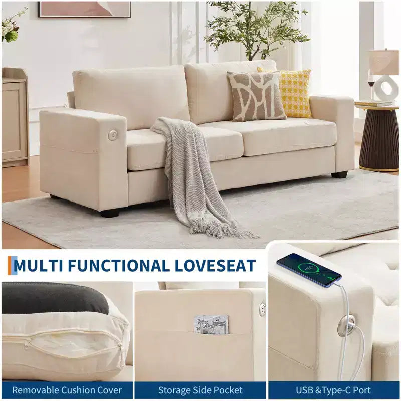 Divano moderno a 2 posti, rivestimento in ciniglia con seduta extra larga e profonda, porta di ricarica USB/Type-C e tasca laterale, cuscino di media rigidità