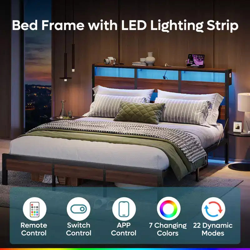 Struttura letto matrimoniale con LED, Letto a piattaforma in metallo con testiera portaoggetti e stazione di ricarica, Rete a doghe con telaio resistente, Noce