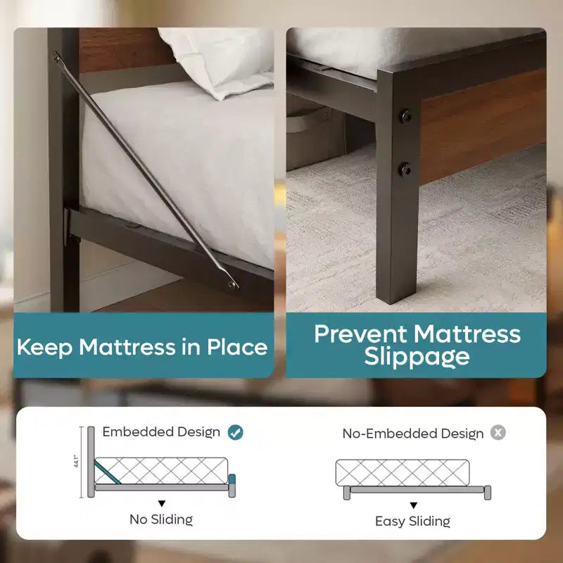 Struttura letto matrimoniale con LED, Letto a piattaforma in metallo con testiera portaoggetti e stazione di ricarica, Rete a doghe con telaio resistente, Noce