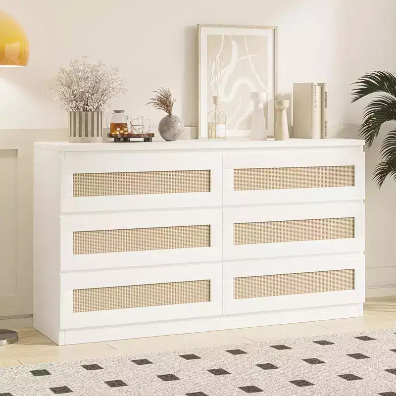 Cassettiera in Rattan per Camera da Letto con 6 Cassetti, Comò Largo Moderno in Stile Fattoria da 120 cm, Mobile Contenitore in Legno per Armadio, Soggiorno, Corridoio