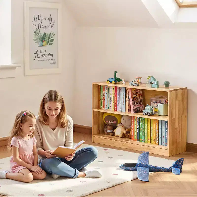 Scaffale Montessori, Organizzatore portagiochi larghezza 90 cm, Mobile contenitore espositivo per bambini a 2 livelli, Arredamento per asili nido, Scaffale per bambini per cameretta, Marrone