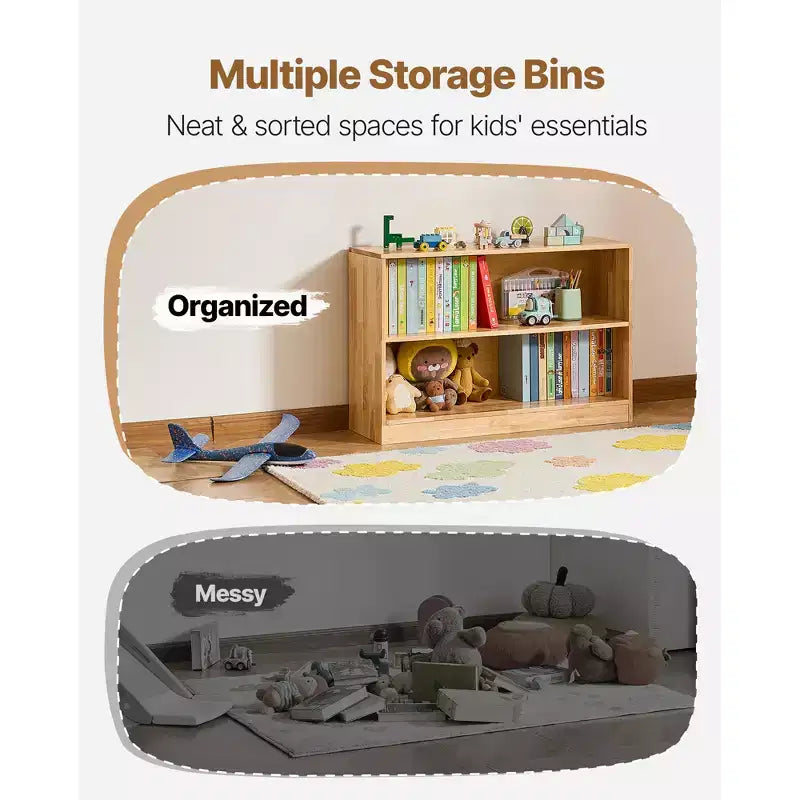 Scaffale Montessori, Organizzatore portagiochi larghezza 90 cm, Mobile contenitore espositivo per bambini a 2 livelli, Arredamento per asili nido, Scaffale per bambini per cameretta, Marrone