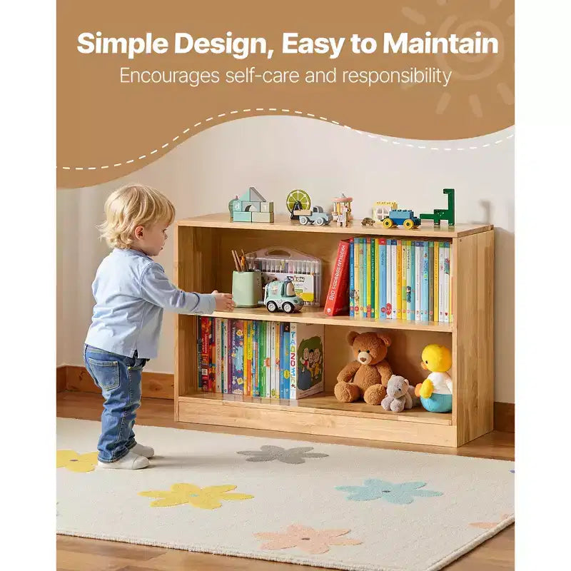 Scaffale Montessori, Organizzatore portagiochi larghezza 90 cm, Mobile contenitore espositivo per bambini a 2 livelli, Arredamento per asili nido, Scaffale per bambini per cameretta, Marrone