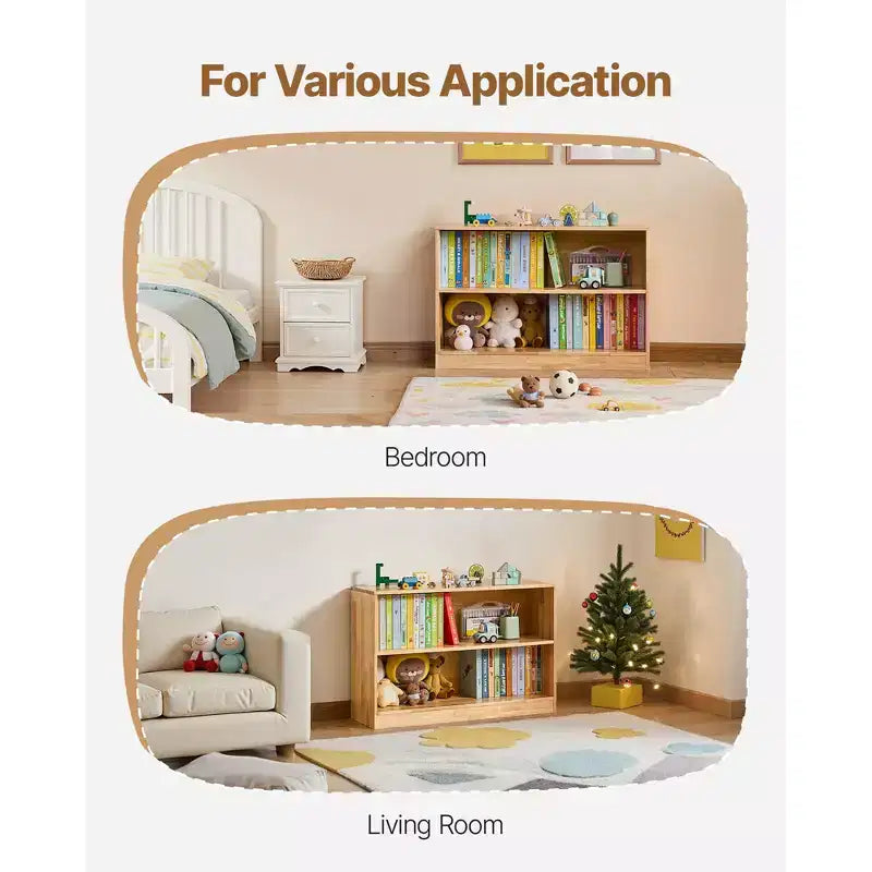 Scaffale Montessori, Organizzatore portagiochi larghezza 90 cm, Mobile contenitore espositivo per bambini a 2 livelli, Arredamento per asili nido, Scaffale per bambini per cameretta, Marrone