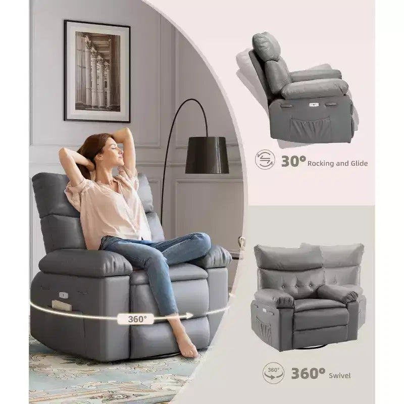 Poltrona reclinabile elettrica 360 con funzione girevole e dondolo, calore e massaggio, in pelle PU (imbottitura in spugna 1,5 volte per soggiorno)