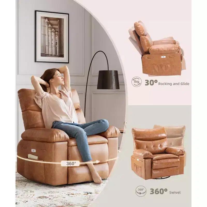Poltrona reclinabile elettrica 360 con funzione girevole e dondolo, calore e massaggio, in pelle PU (imbottitura in spugna 1,5 volte per soggiorno)