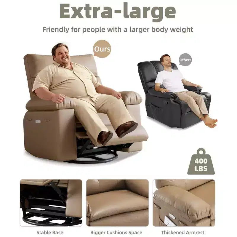 Poltrona reclinabile elettrica 360 con funzione girevole e dondolo, calore e massaggio, in pelle PU (imbottitura in spugna 1,5 volte per soggiorno)