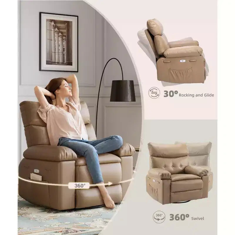 Poltrona reclinabile elettrica 360 con funzione girevole e dondolo, calore e massaggio, in pelle PU (imbottitura in spugna 1,5 volte per soggiorno)