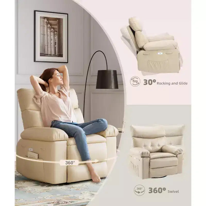 Poltrona reclinabile elettrica 360 con funzione girevole e dondolo, calore e massaggio, in pelle PU (imbottitura in spugna 1,5 volte per soggiorno)